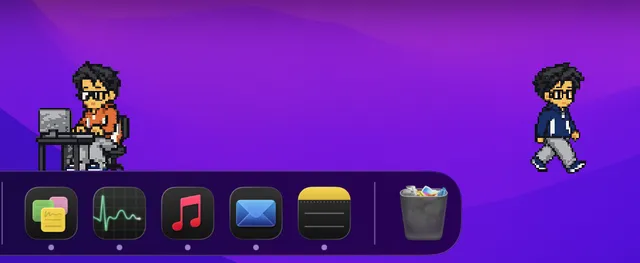 Two pixel mascots on a purple desktop above the macOS dock — one working at a desk, one walking.